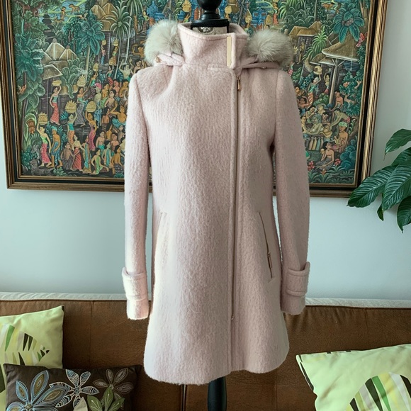 Calvin Klein Faux-Fur-Trim Asymmetrical Wool Coat – Blush Pink, Size S - Picture 2 of 8